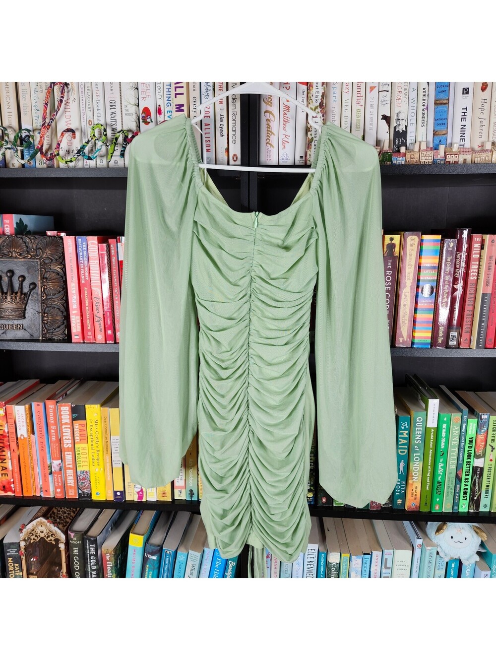 Hello Molly XS Sage Green Ruched Mesh Balloon Sleeve Mini Dress NWOT